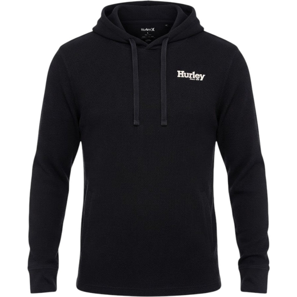 Hurley Waffle Knit Hoodie Mens L Black Excellent Retro Back Graphic Thermal